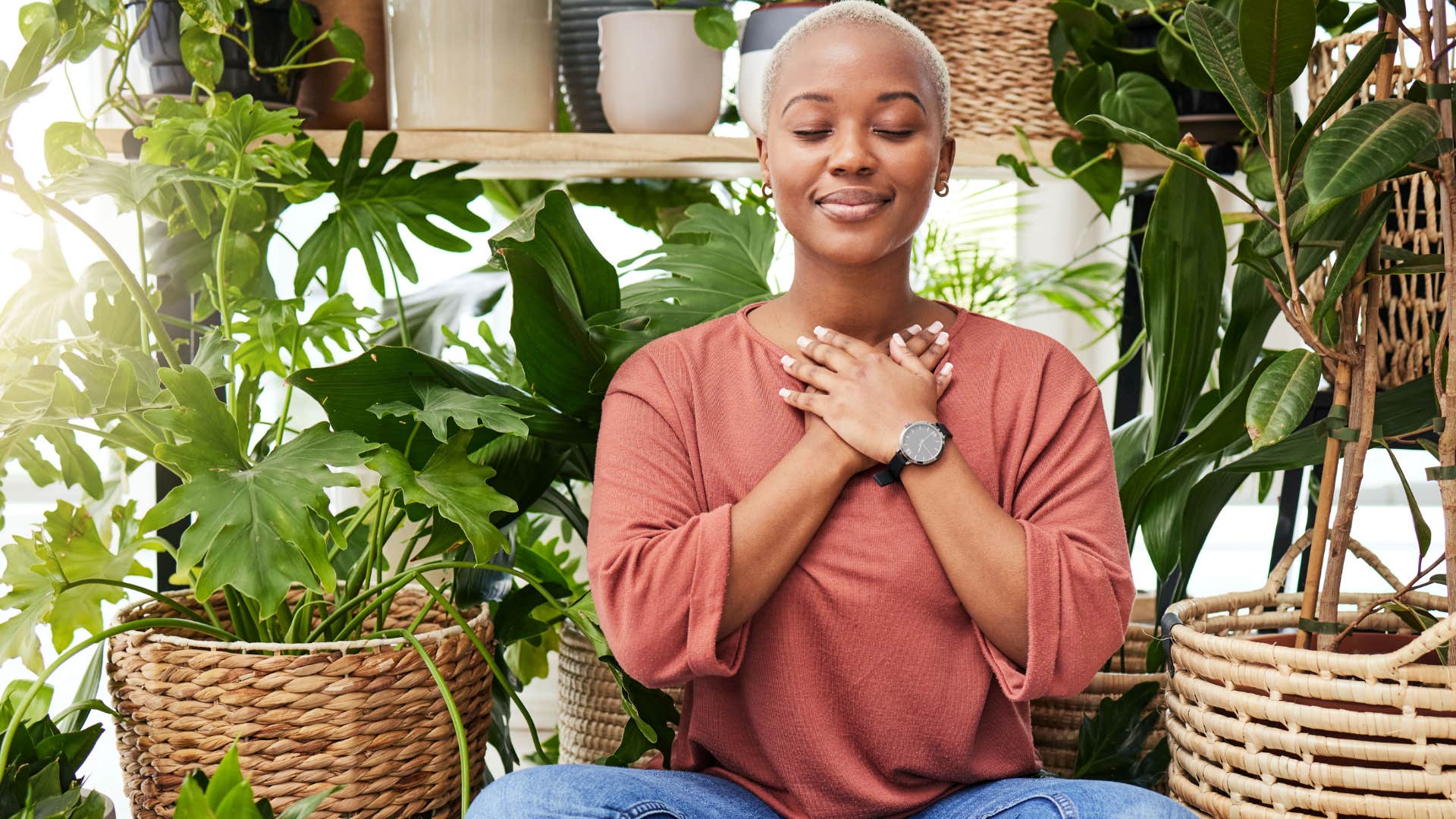 happy woman managing energy thoughtfully meditating