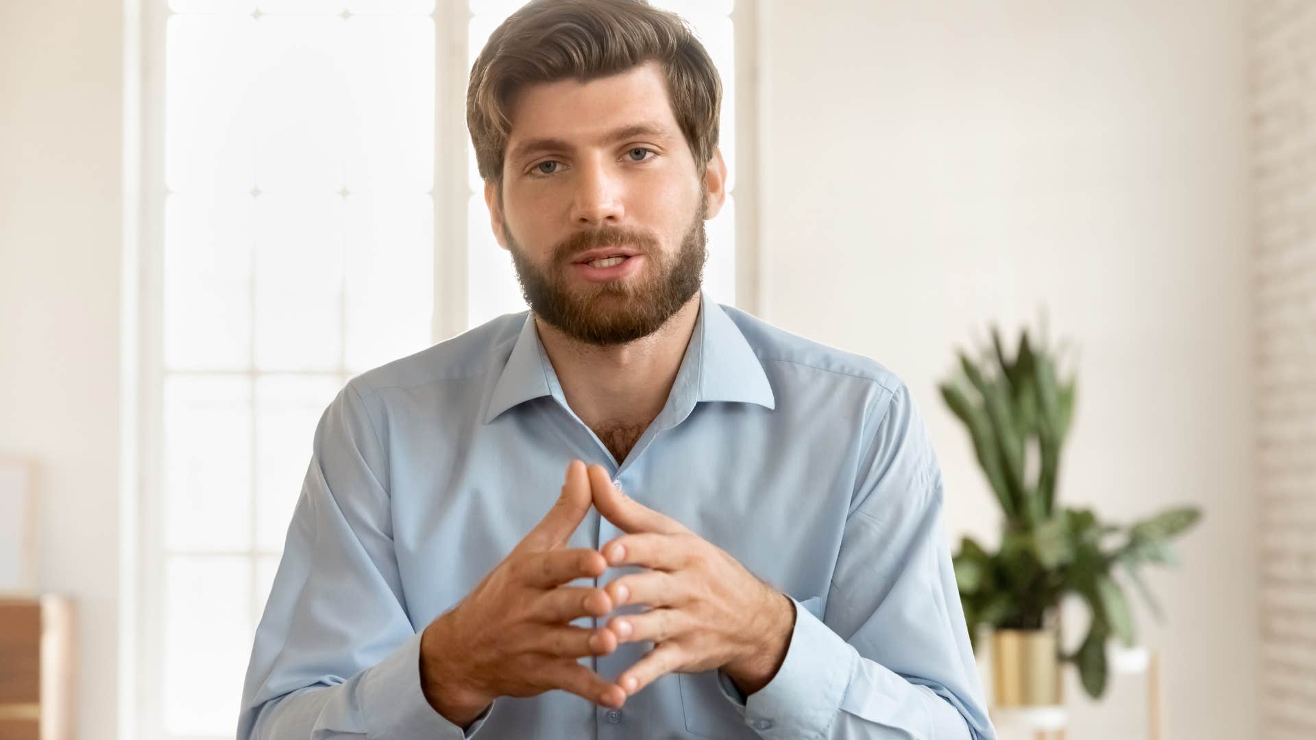 intelligent man at work talking to himself