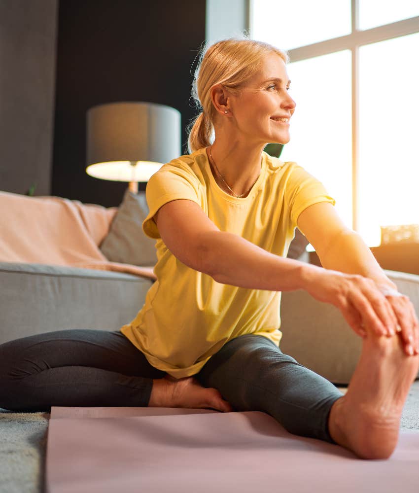 relaxed person does morning exercises showing way to reduce stress