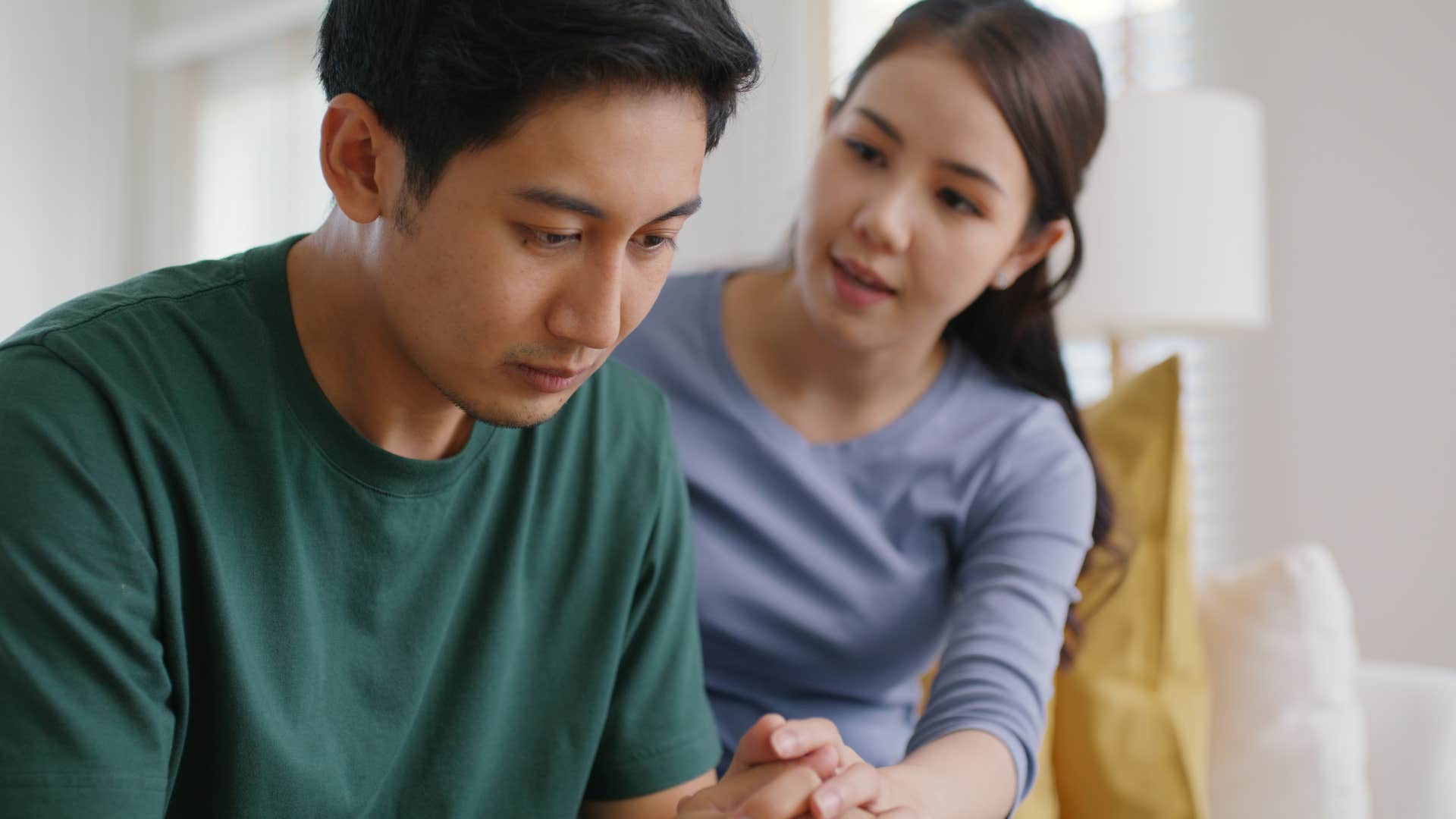 wife telling her husband that it's good he doesn't care what other people think