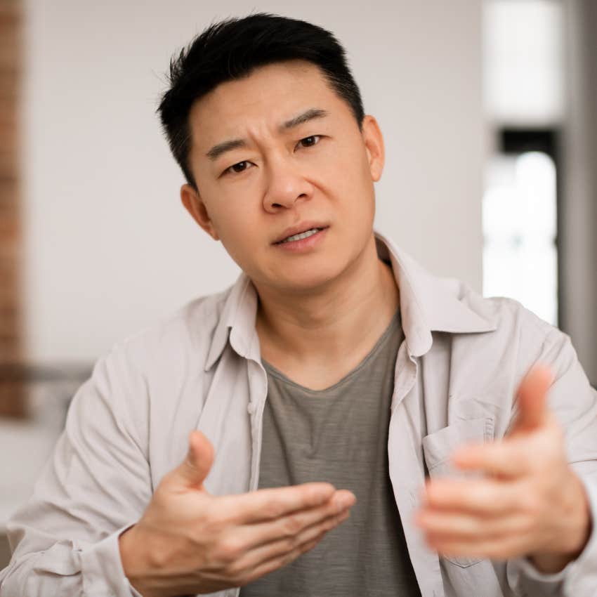 man talking on video call during job interview