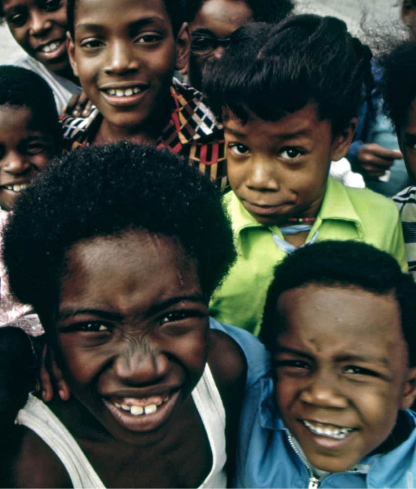 vintage image of happy kids feeling OK in Philadelphia, 1973