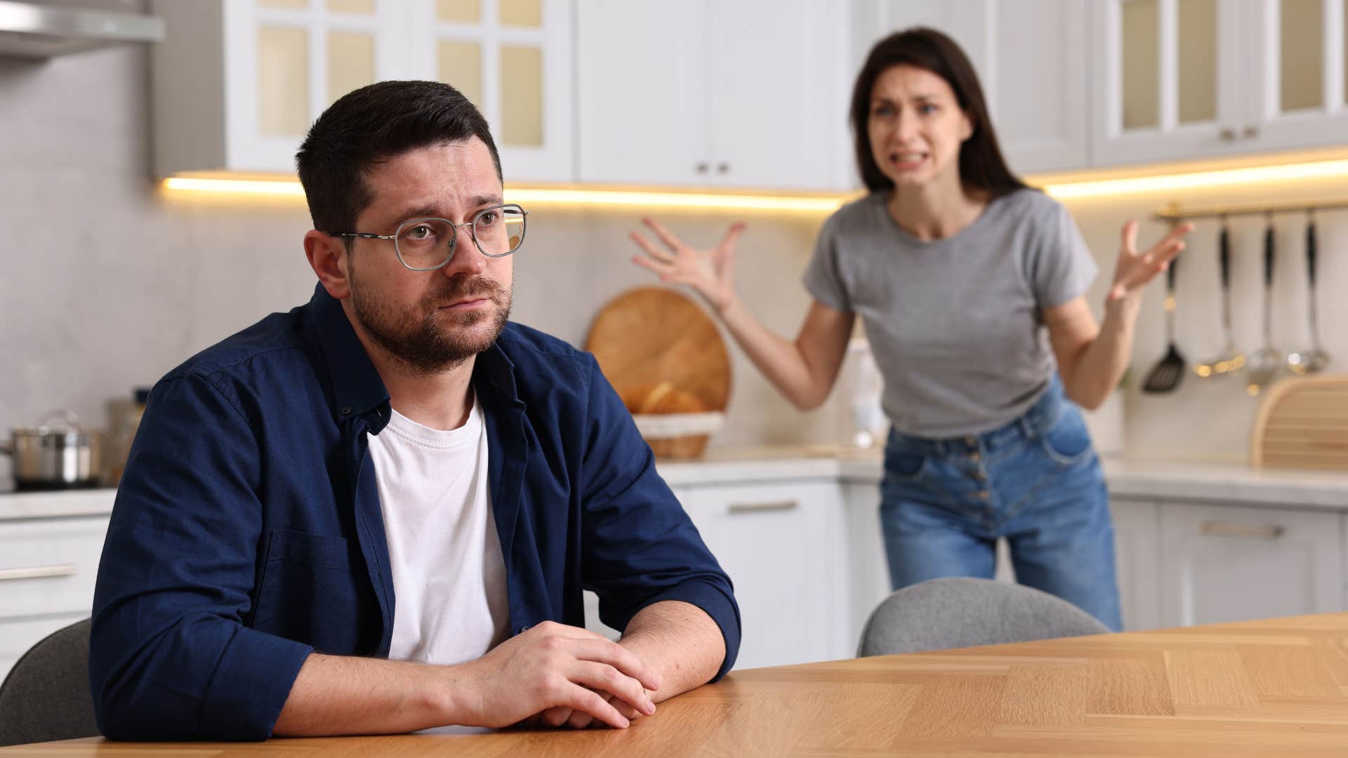 angry woman projecting her irritation onto her husband