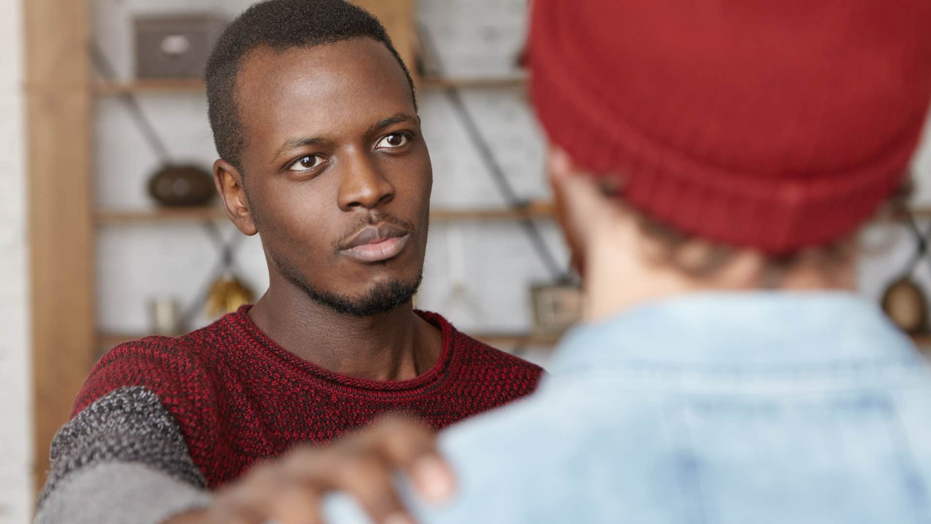 man over 40 being patient with partner in stressful situations