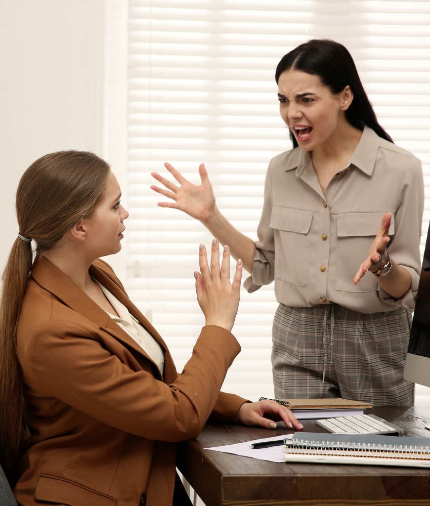 angry person yells colleague showing toxic trait 