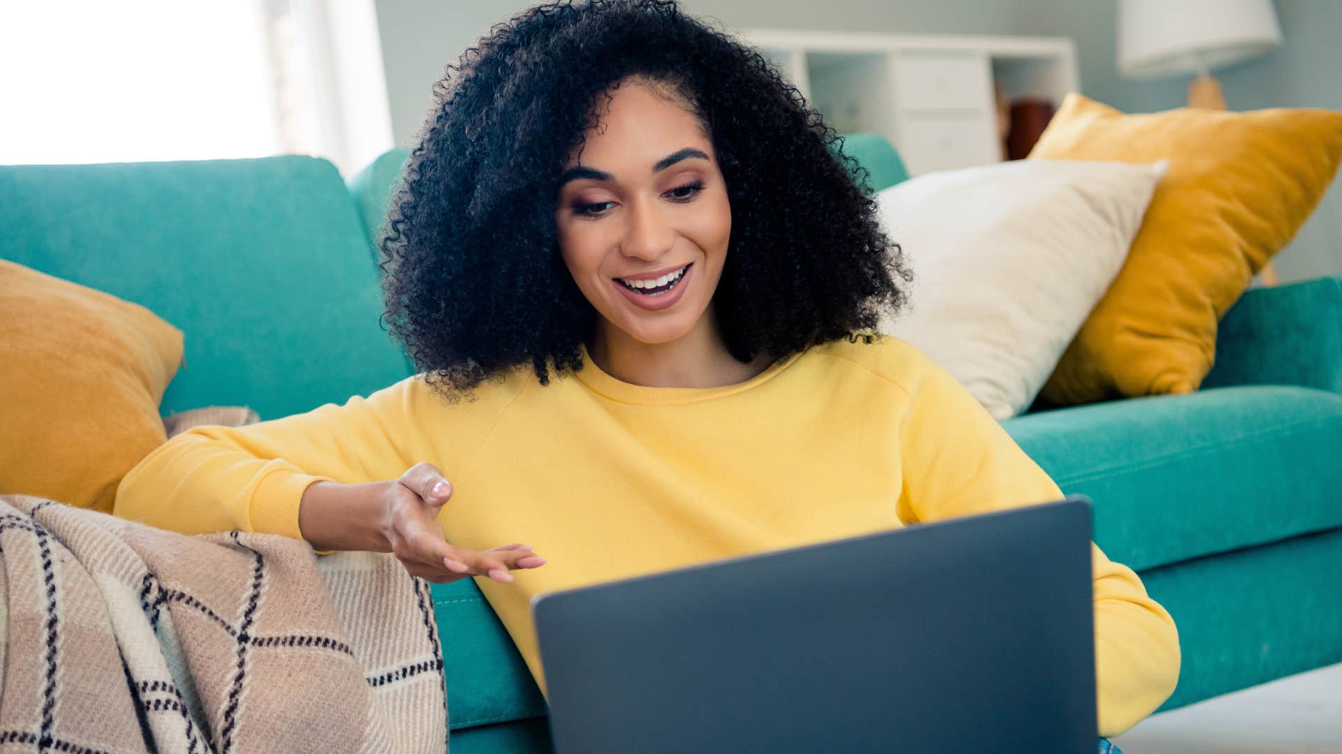 woman talking to herself while working at home