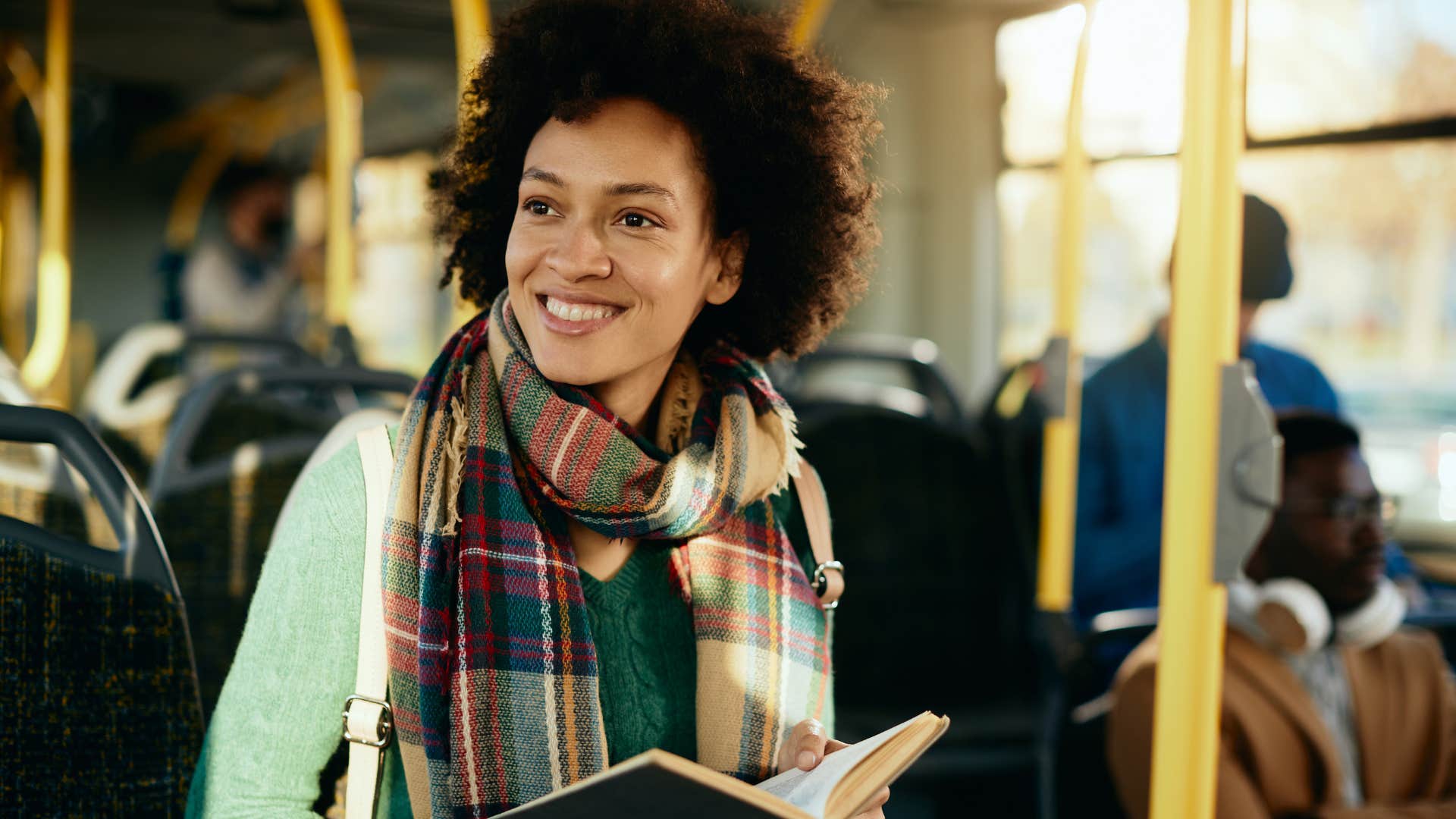 open-minded woman with adhd traits riding the bus