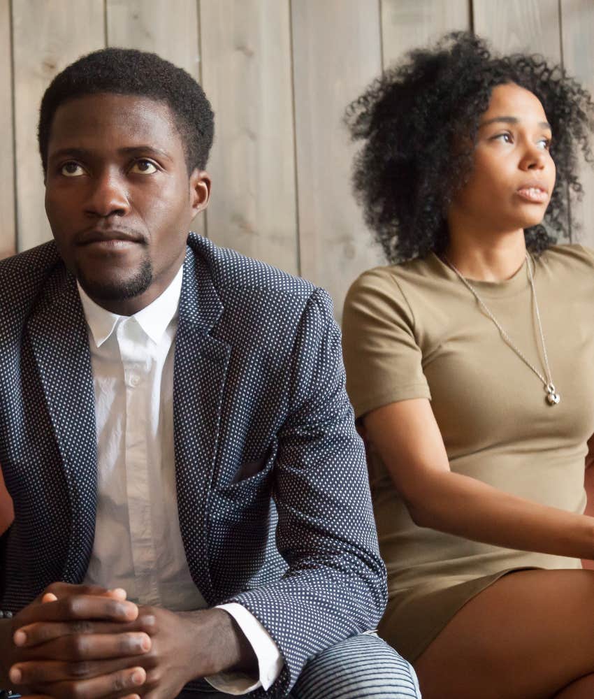 frustrated couple ignore each other feeling like victims