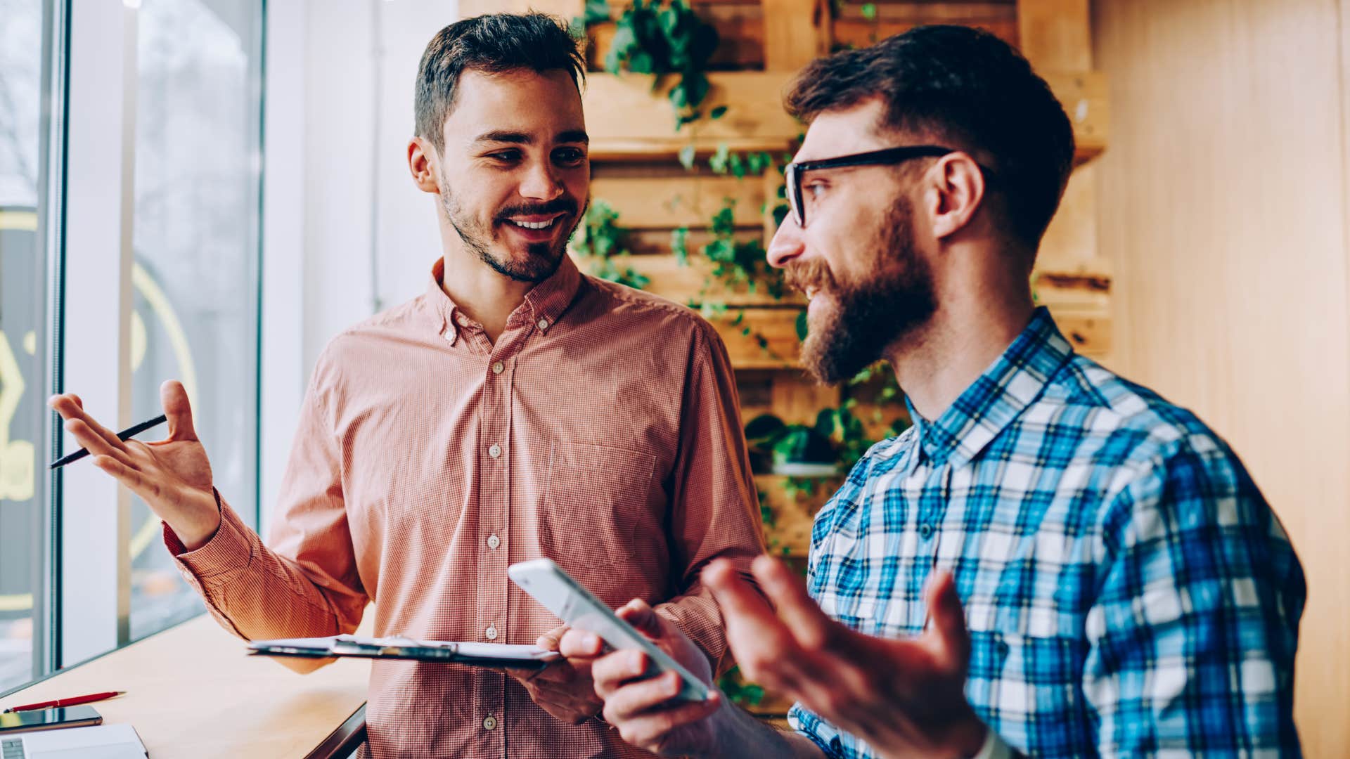 truly brilliant man simplifying words and topics in conversation with friend