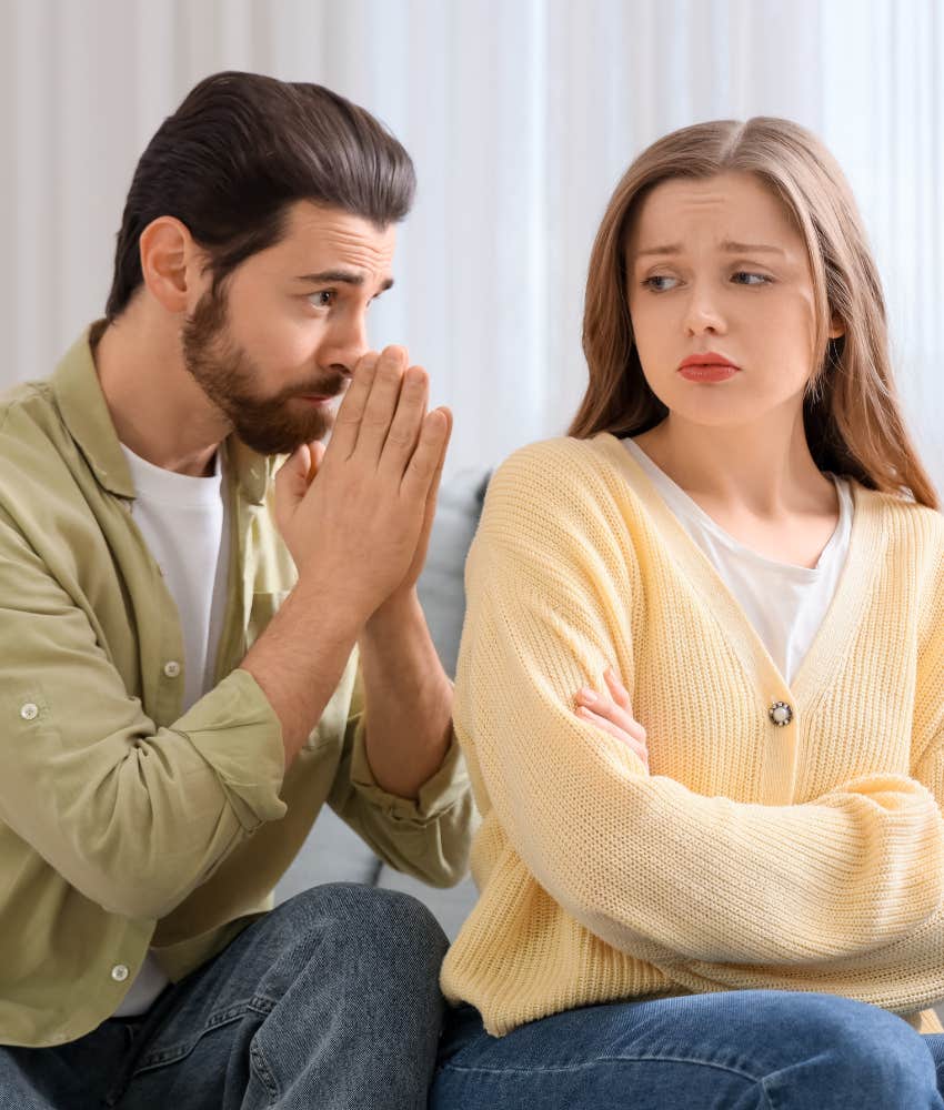 insincere person exaggerates apology showing armored reaction