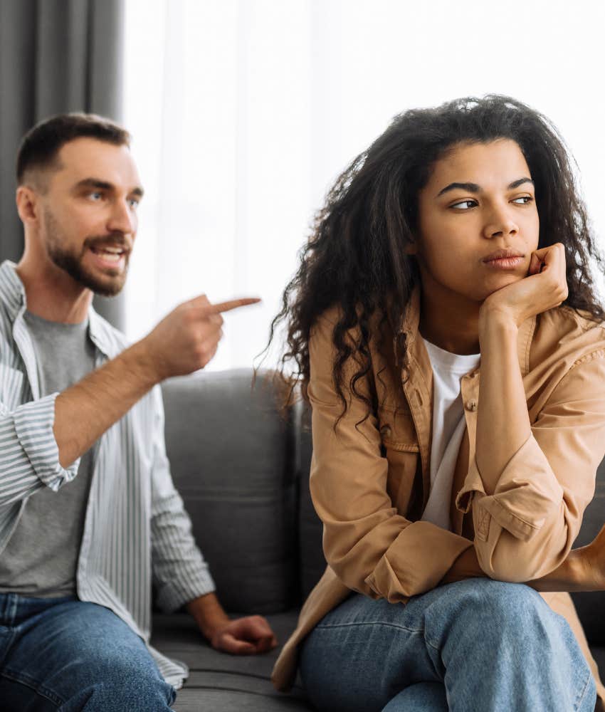 angry spouse points the finger showing power play