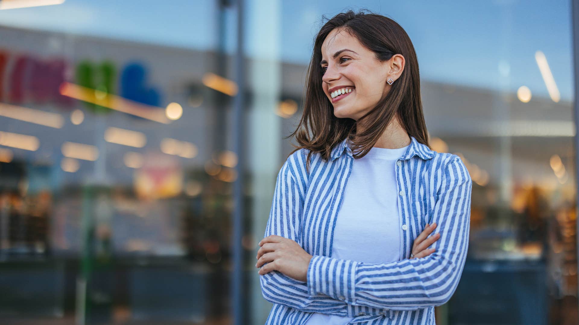 happy woman smiling brightly looking forward to the future
