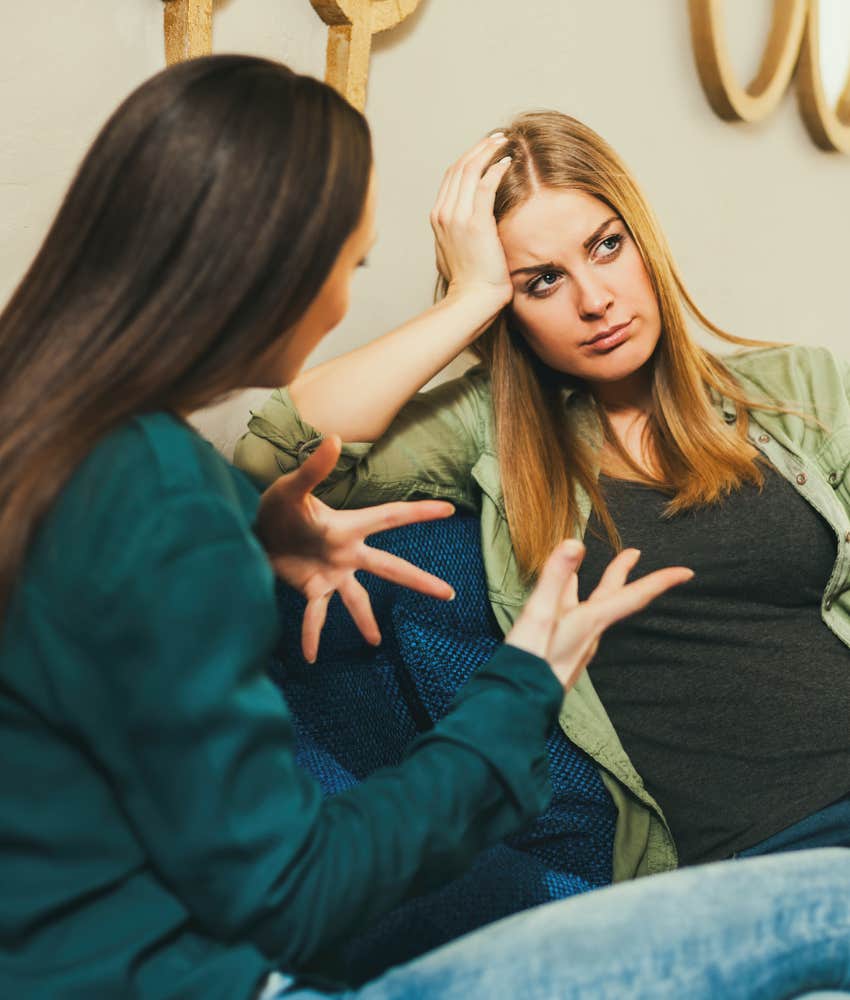 annoyed person forces themselves to listen to friend they have outgrown
