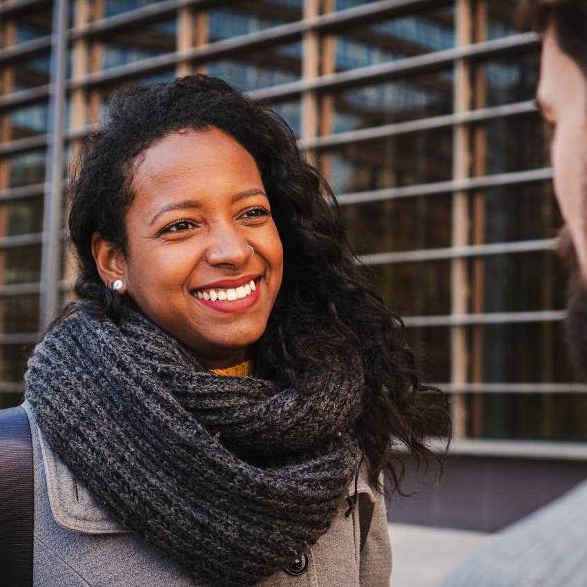 quiet woman who thinks before she speaks talking with man