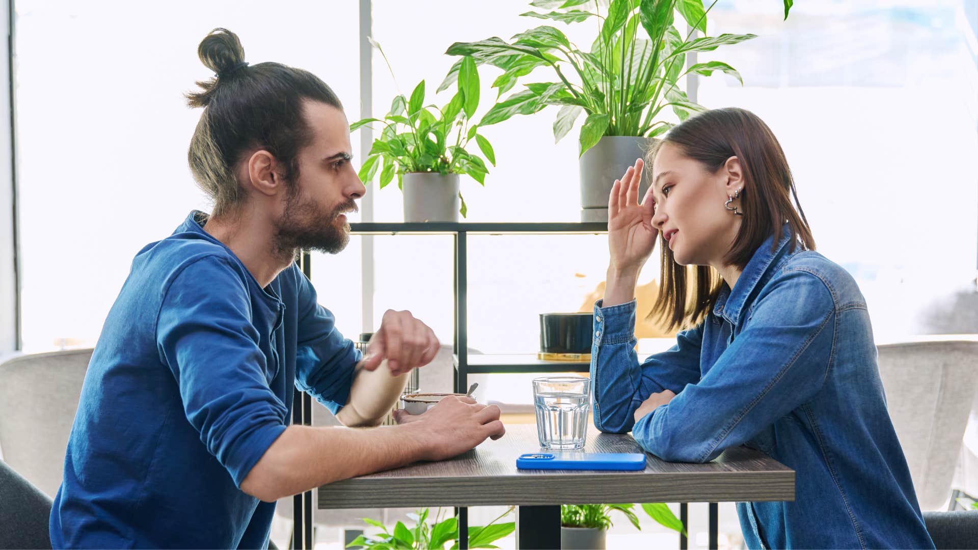 woman respecting space while talking to man calmly