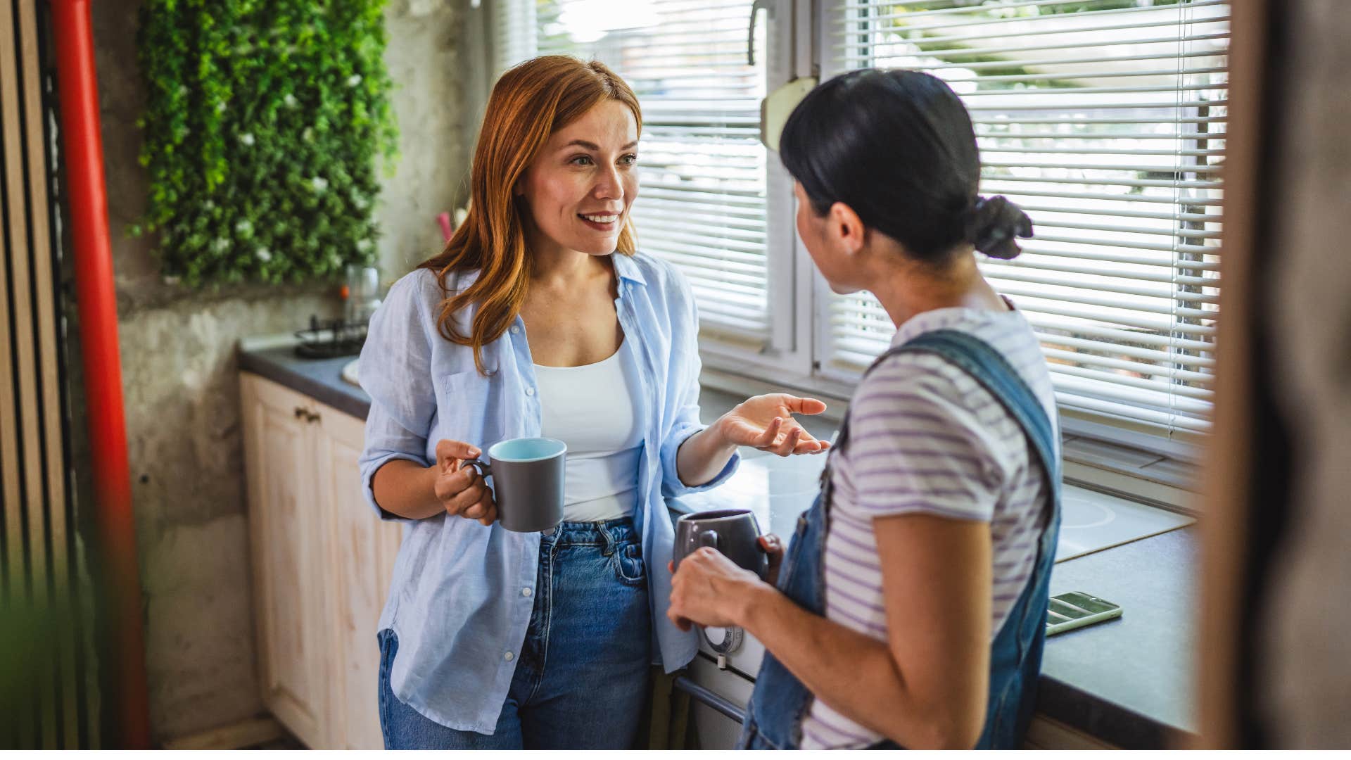 coworkers chatting and drinking coffee as they don't overshare