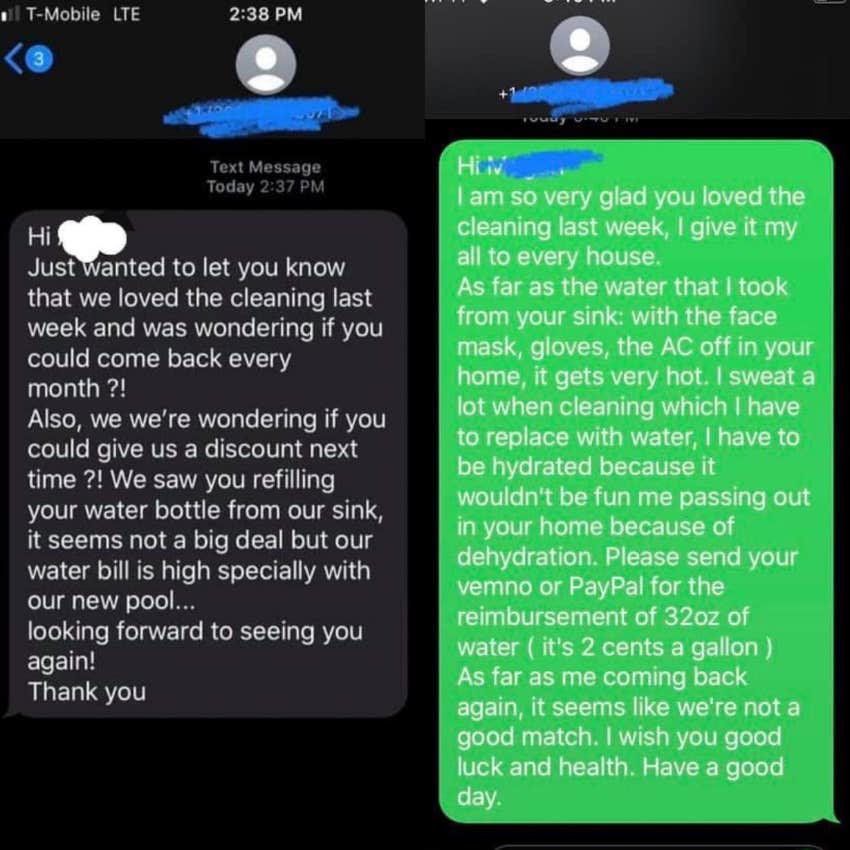 texts between house cleaner and homeowner