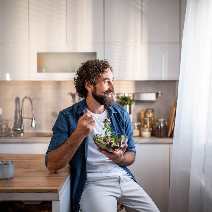 man eating salad with no sugar added good for body and mind
