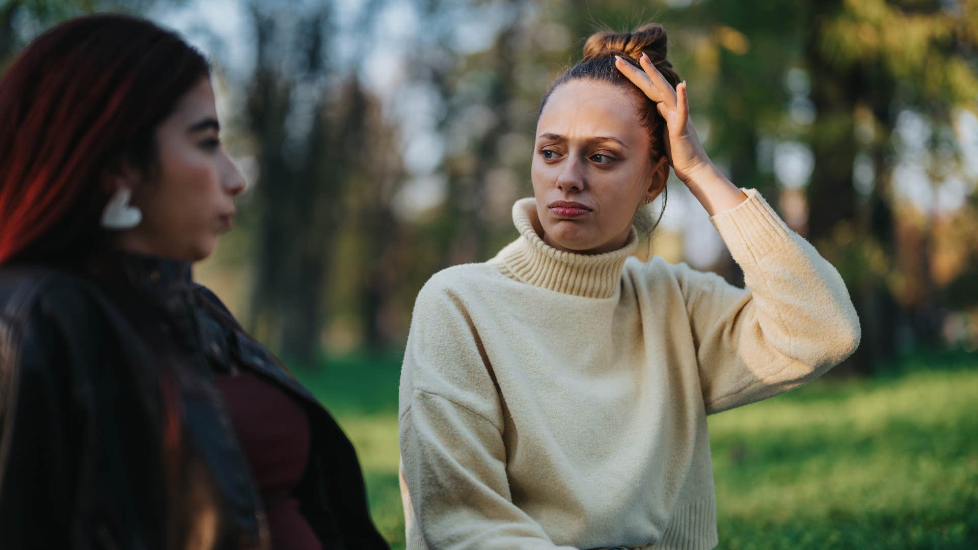 intelligent woman asking friend in casual conversation can we come back to this