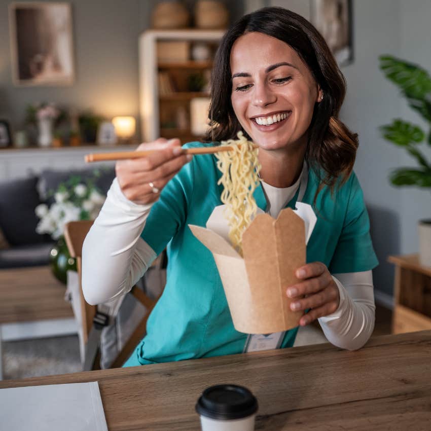 frugal american woman eating fast food for every meal at home