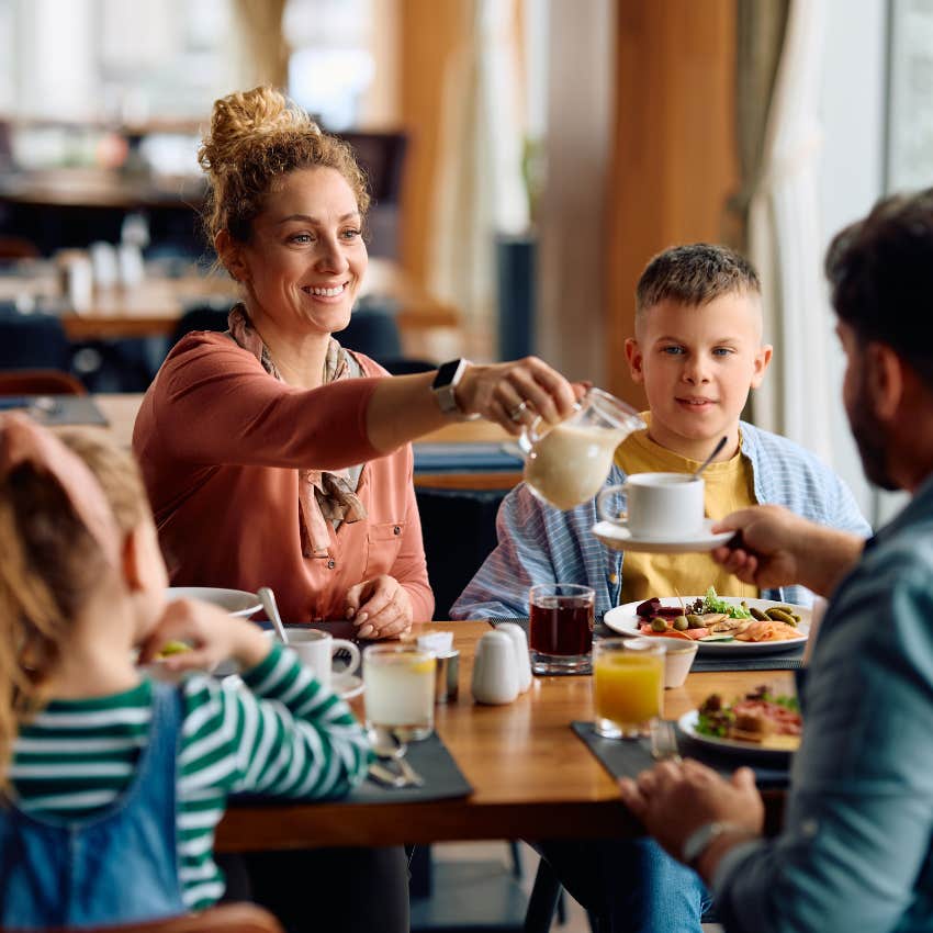 family eating breakfast at hotel