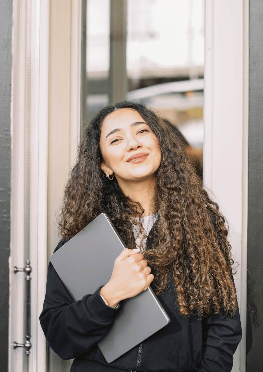 happy woman protecting her energy
