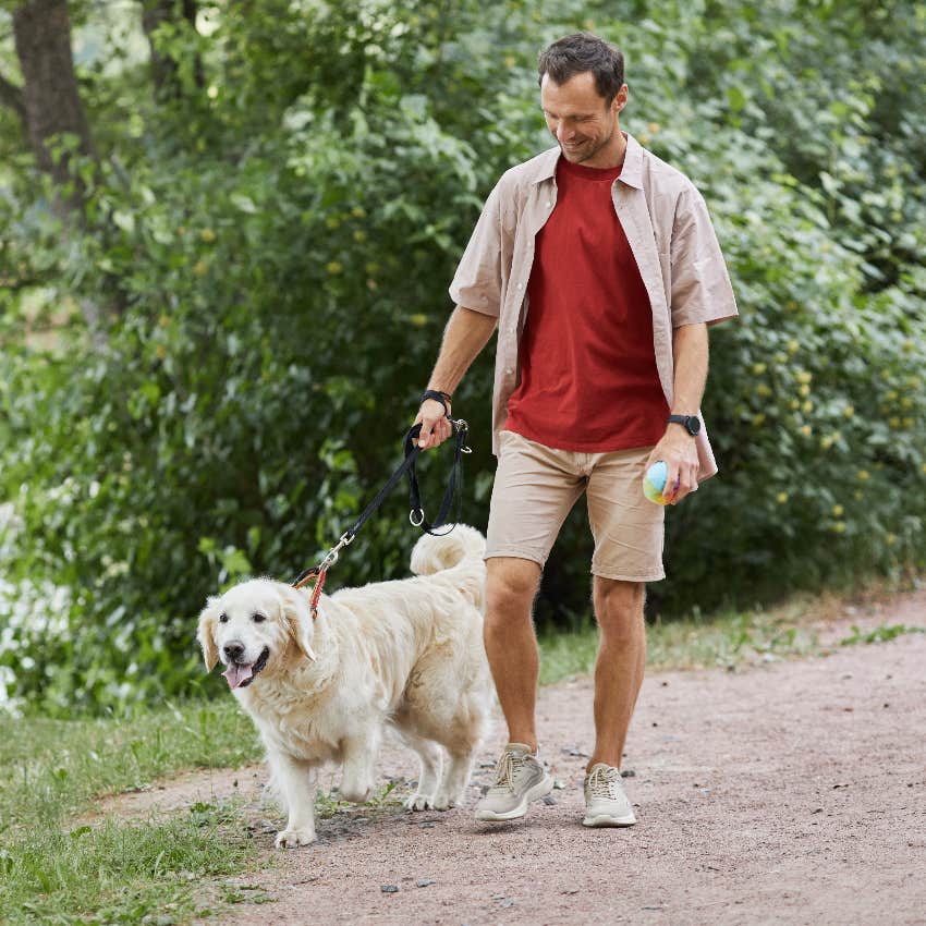 man walking large dog outside
