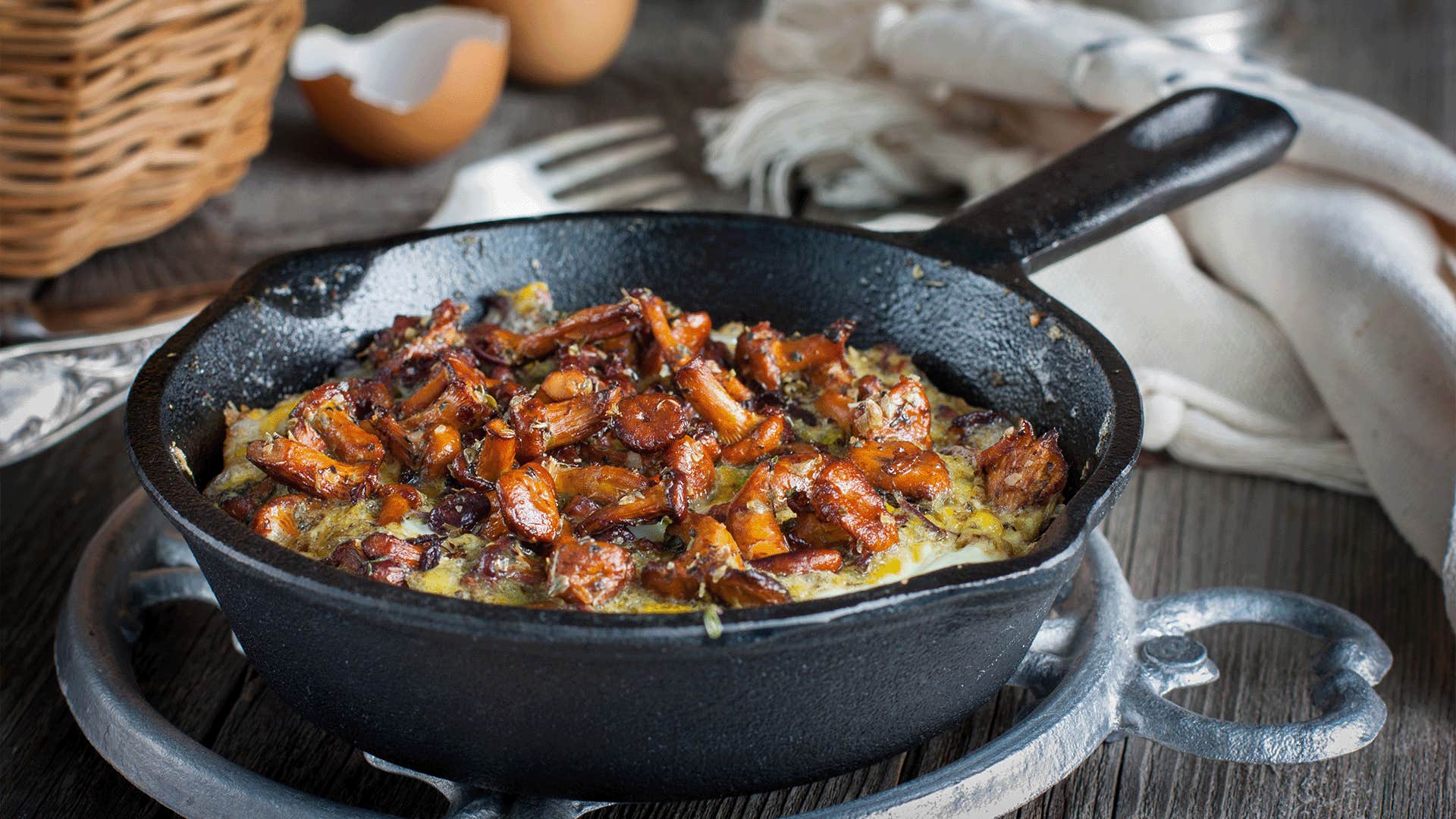 kitchen stocked with an cast iron skillet