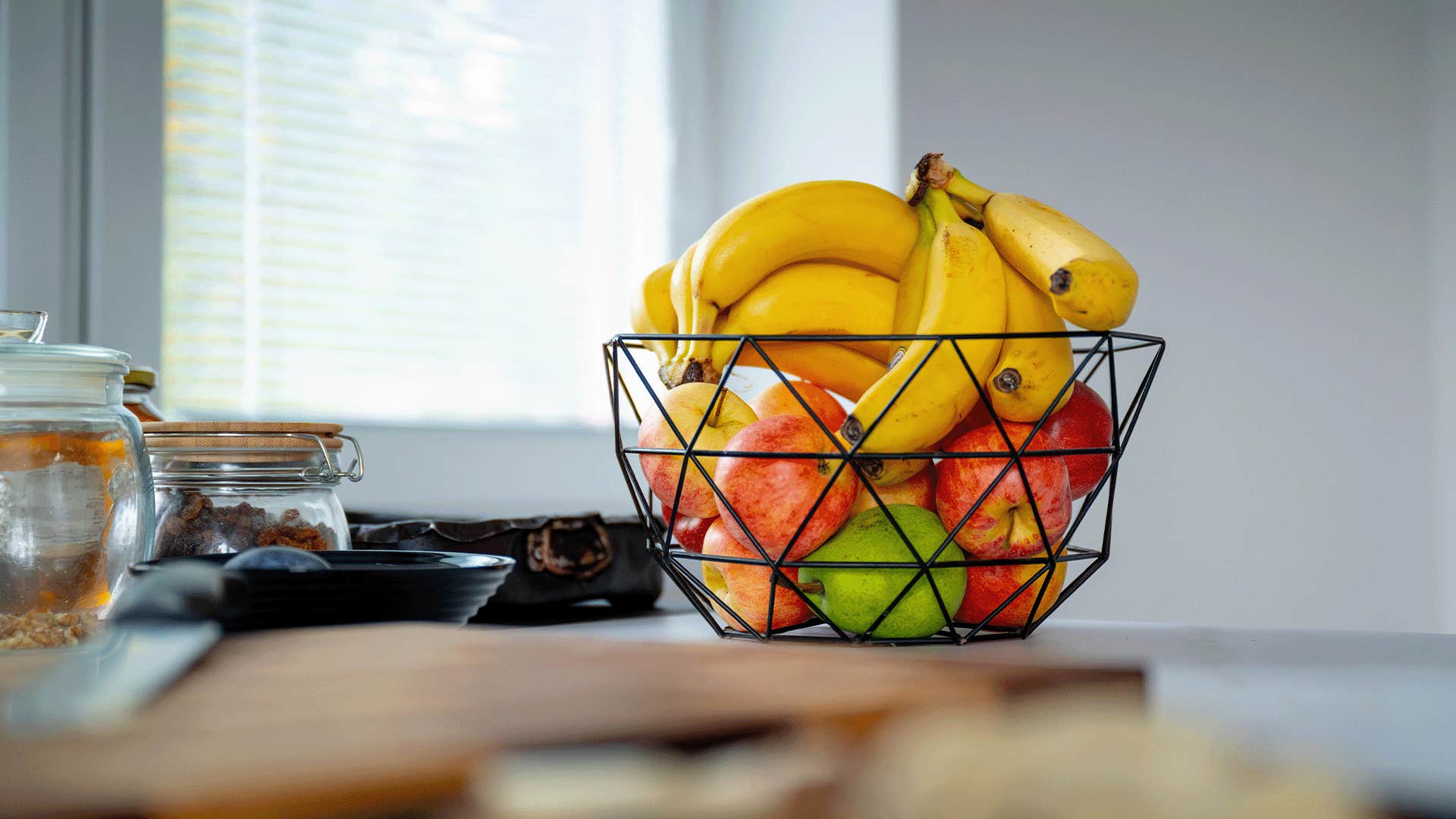kitchen stocked with a fruit bowl