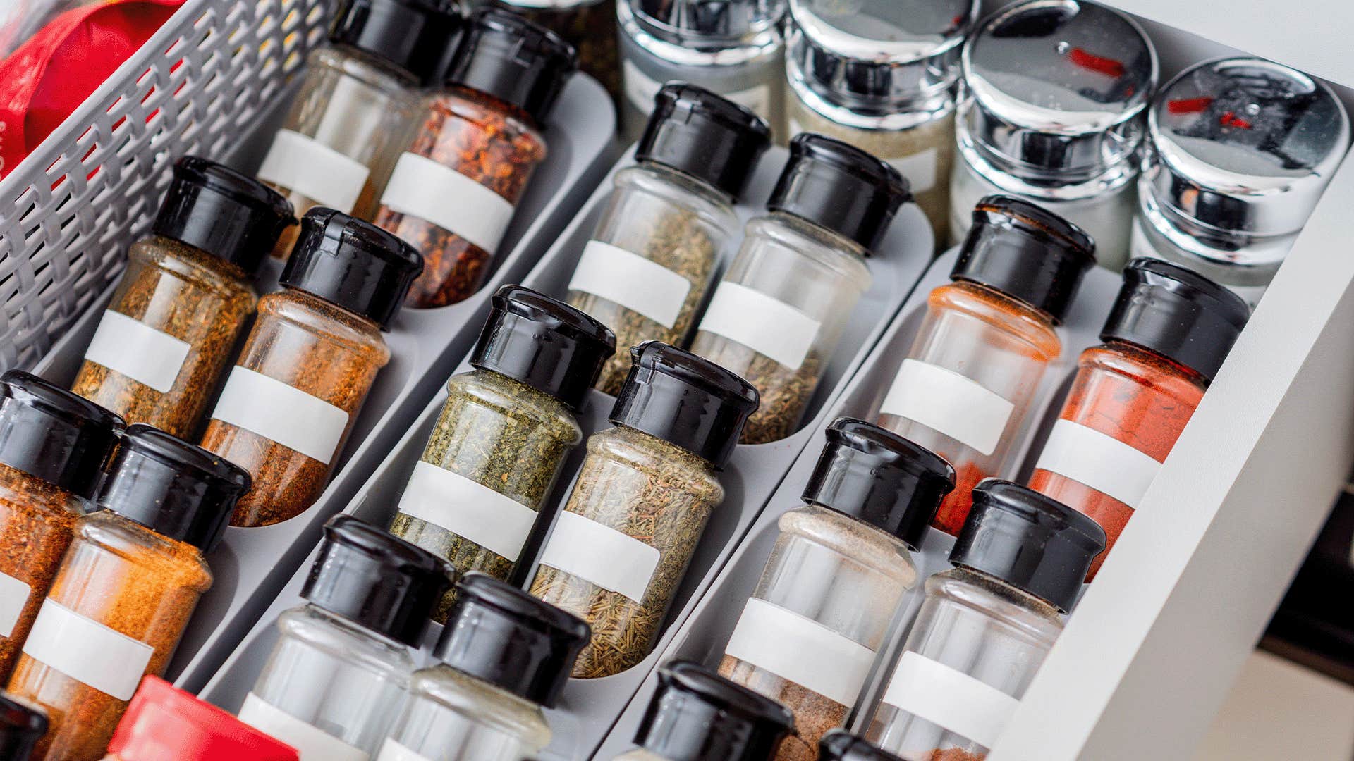 kitchen stocked with an organized spice rack