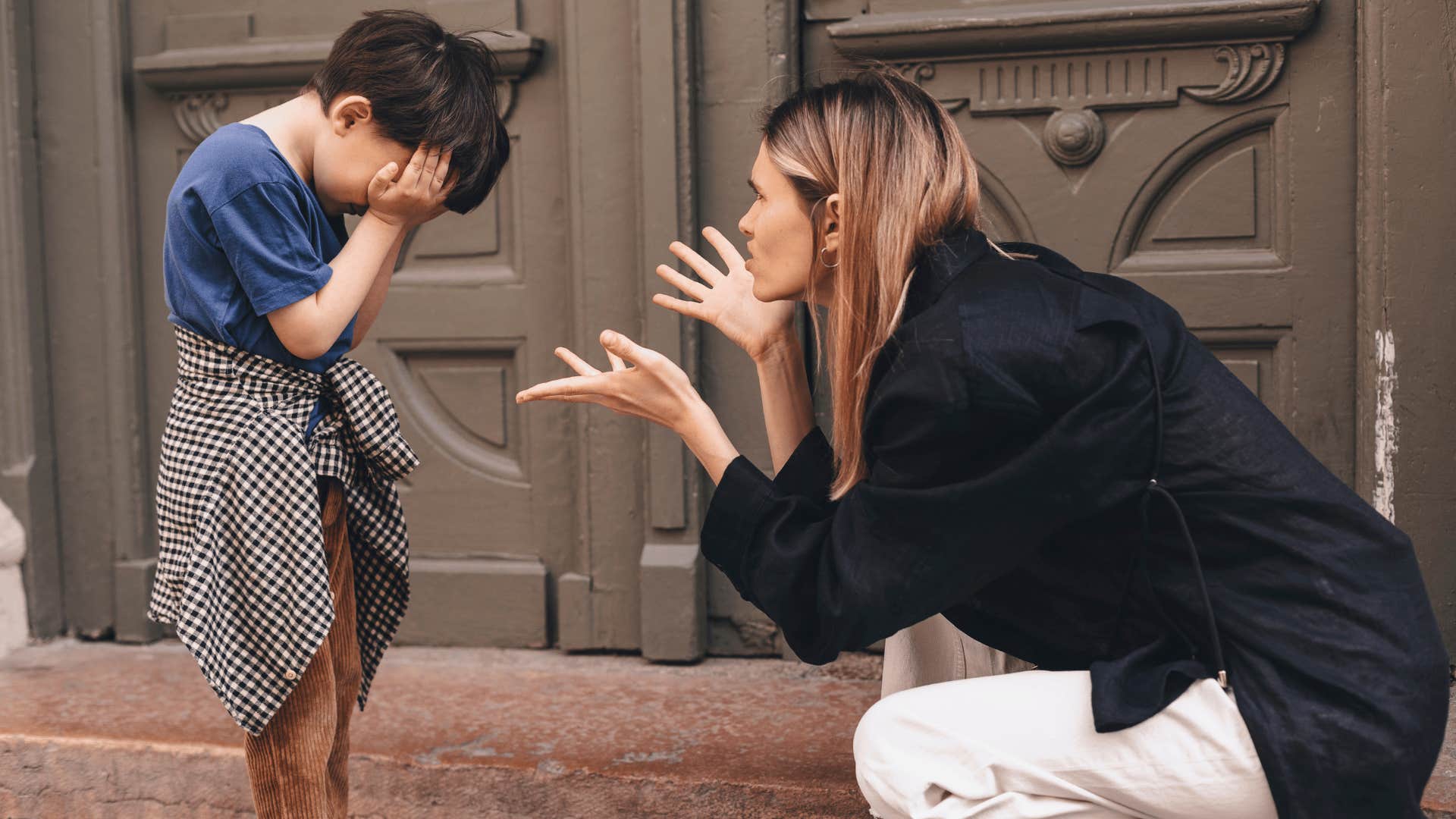 toxic mom embarrassing her child in public making him cry
