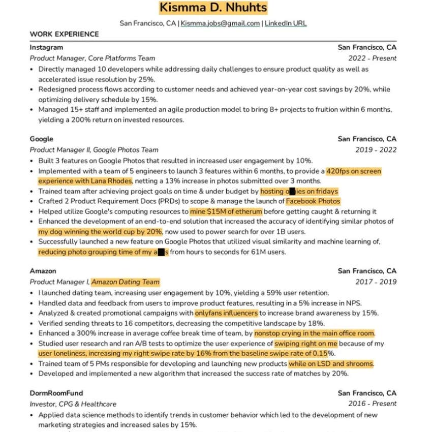 man's offensive and nonsensical resume