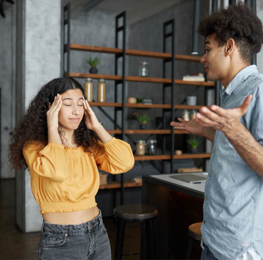 man with a low EQ saying he doesn't care to his unhappy girlfriend