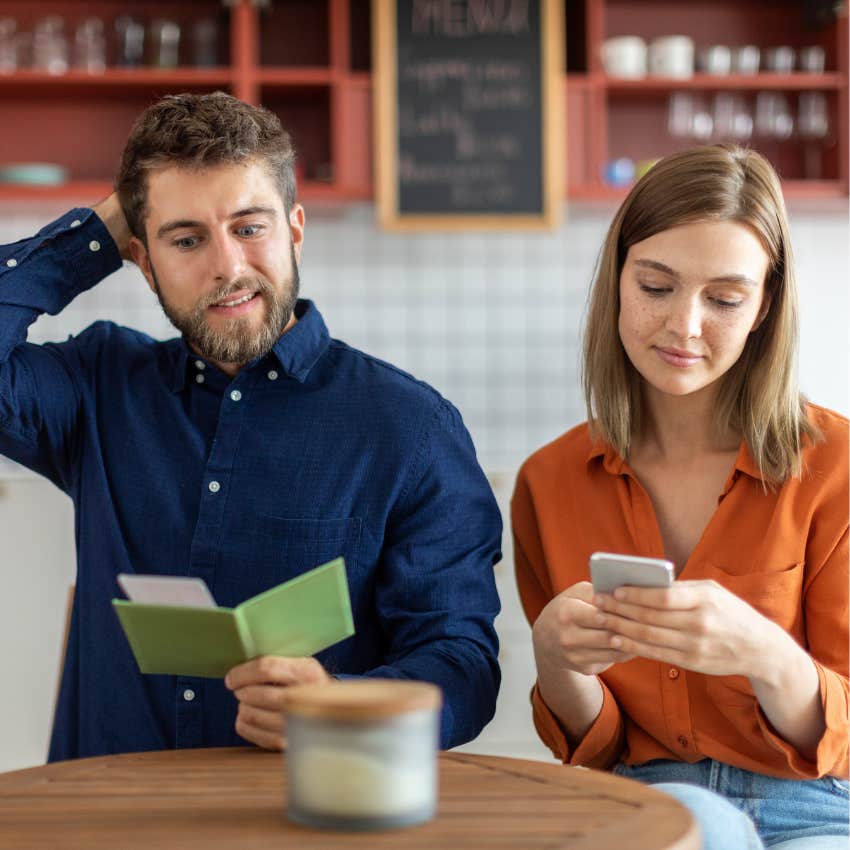 man concerned about the cost of a date while woman is oblivious