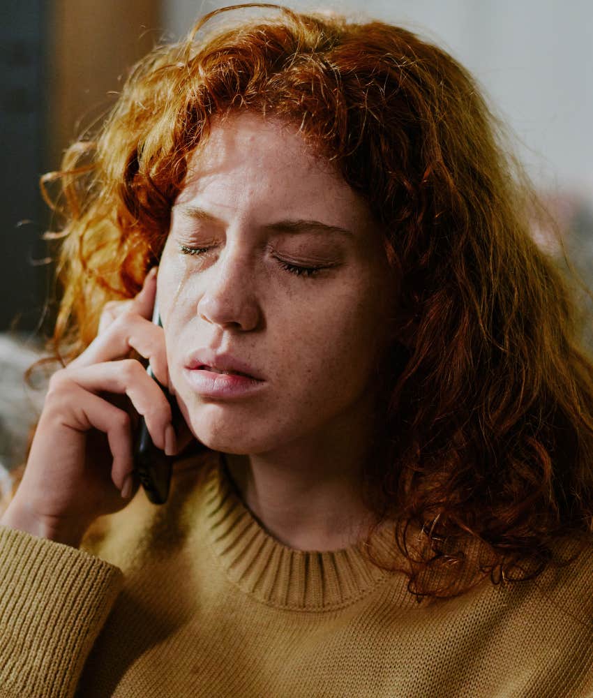crying woman has phone call