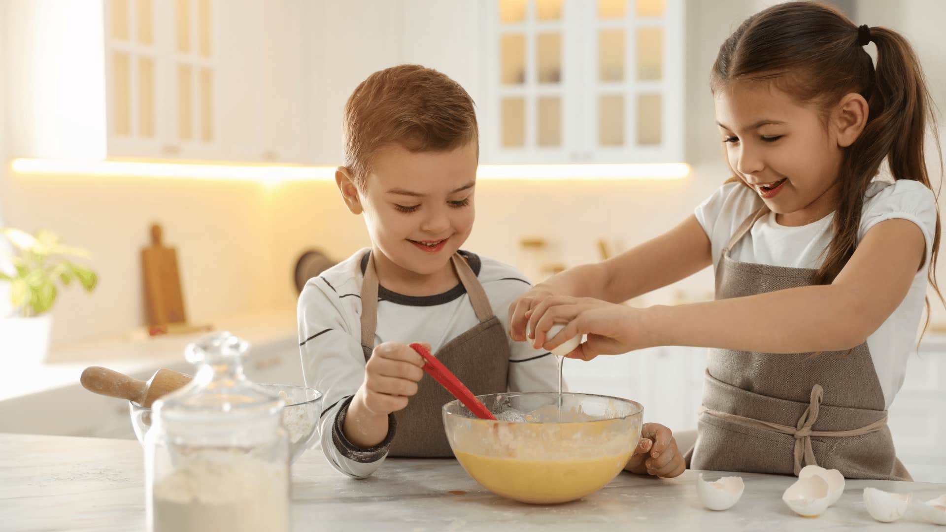 two kids learning practical skills baking like in the 60s and 70s
