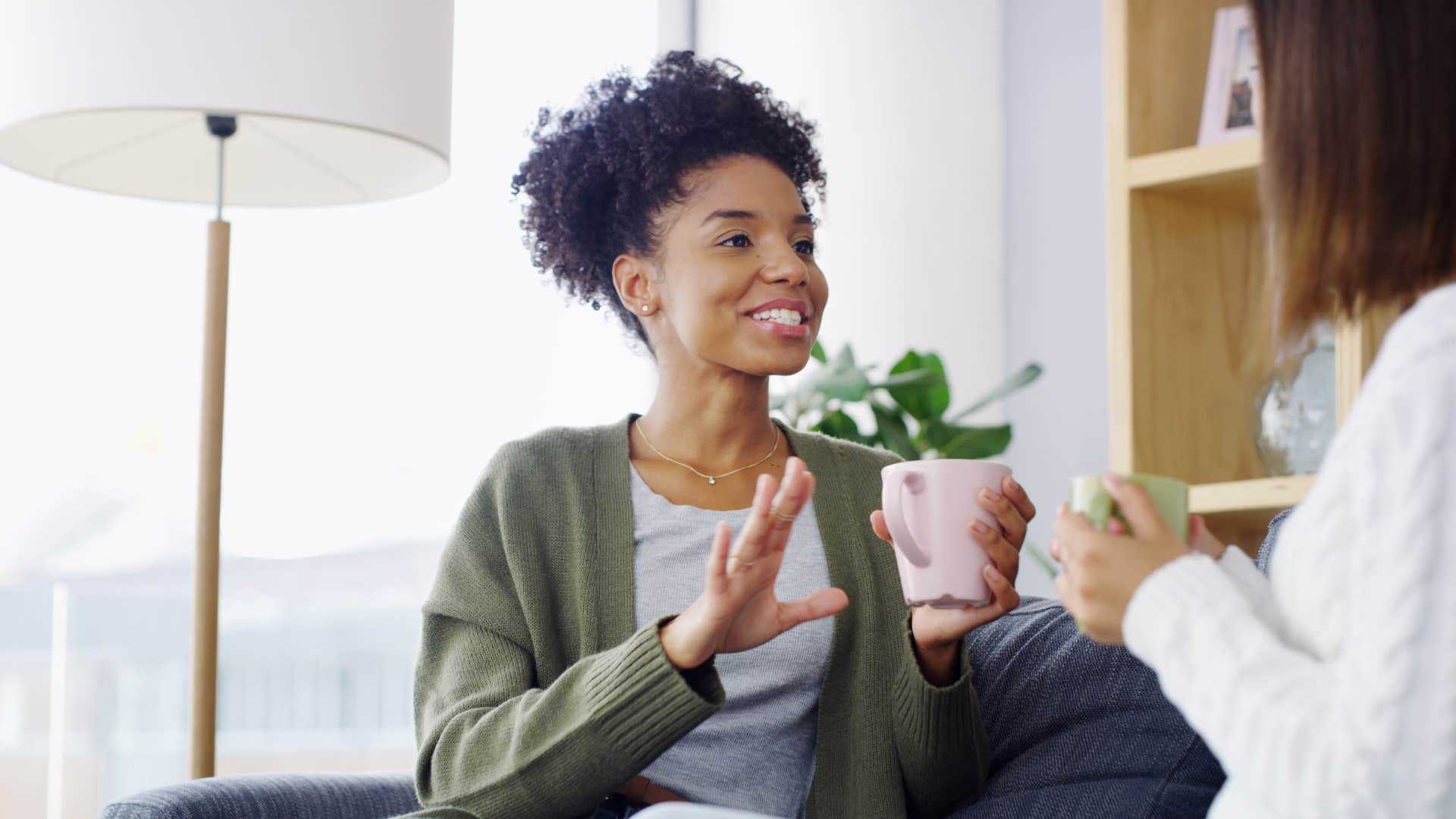 high-iq woman asking her friend have you thought about this during conversation