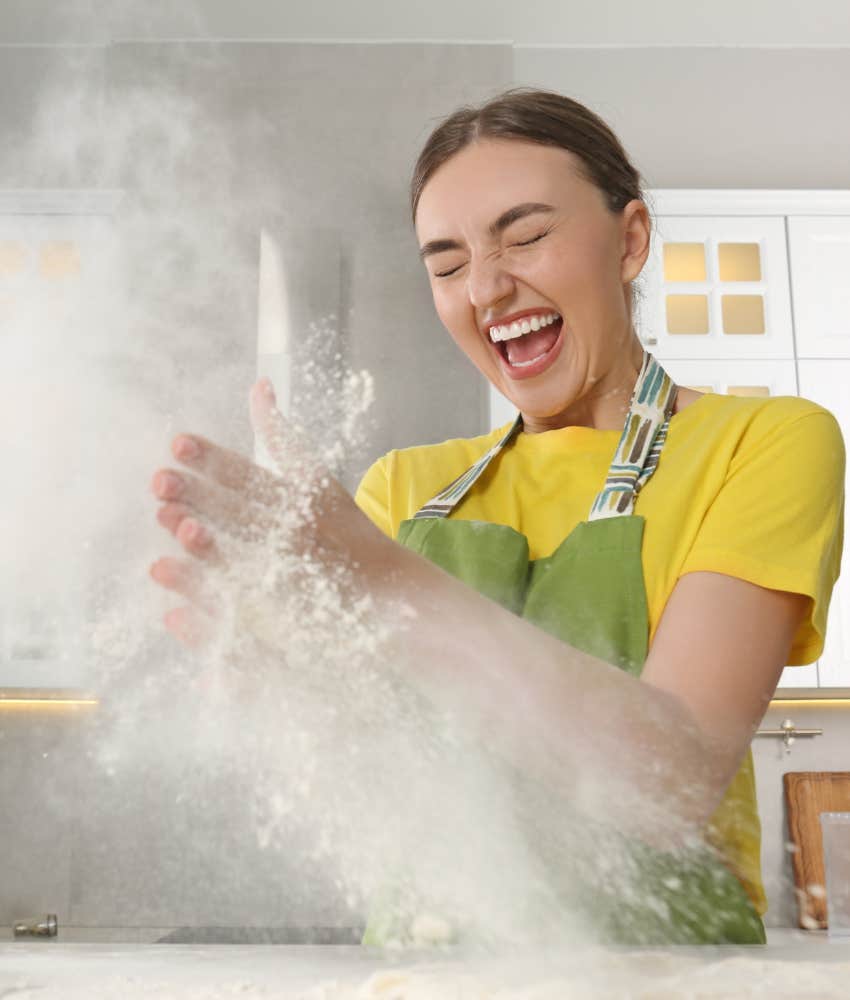 unpredictable person makes a baking mess showing hidden trait