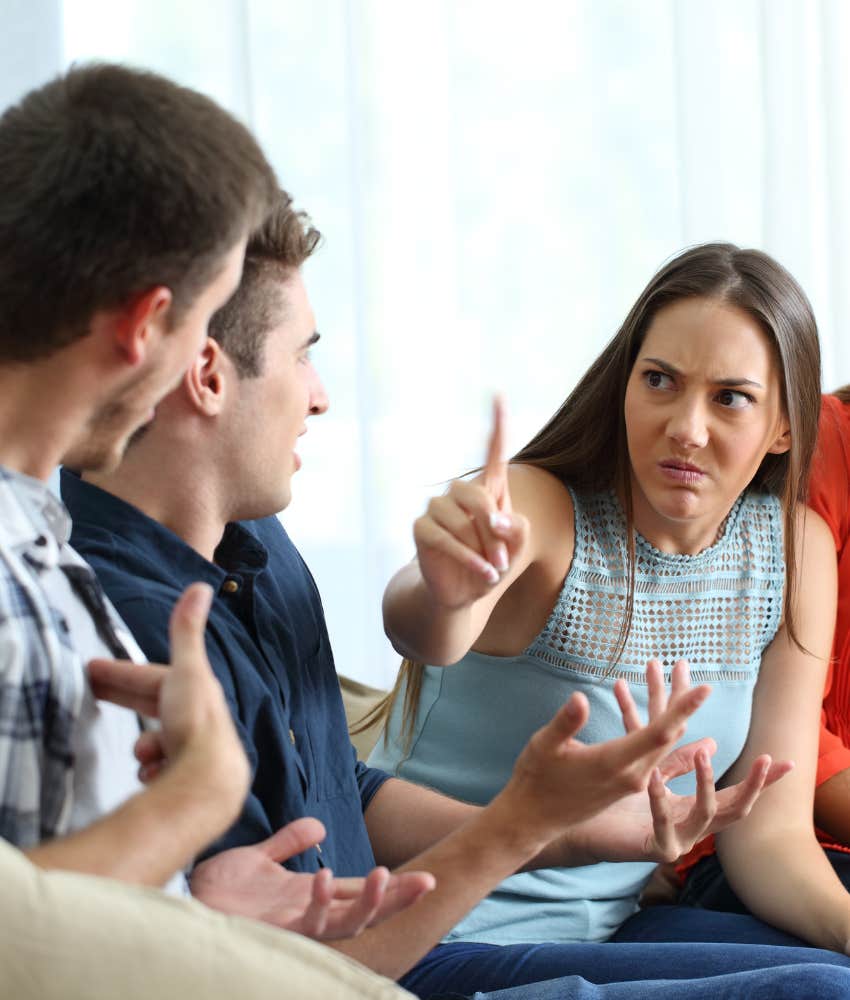 distrusting woman scold bad men