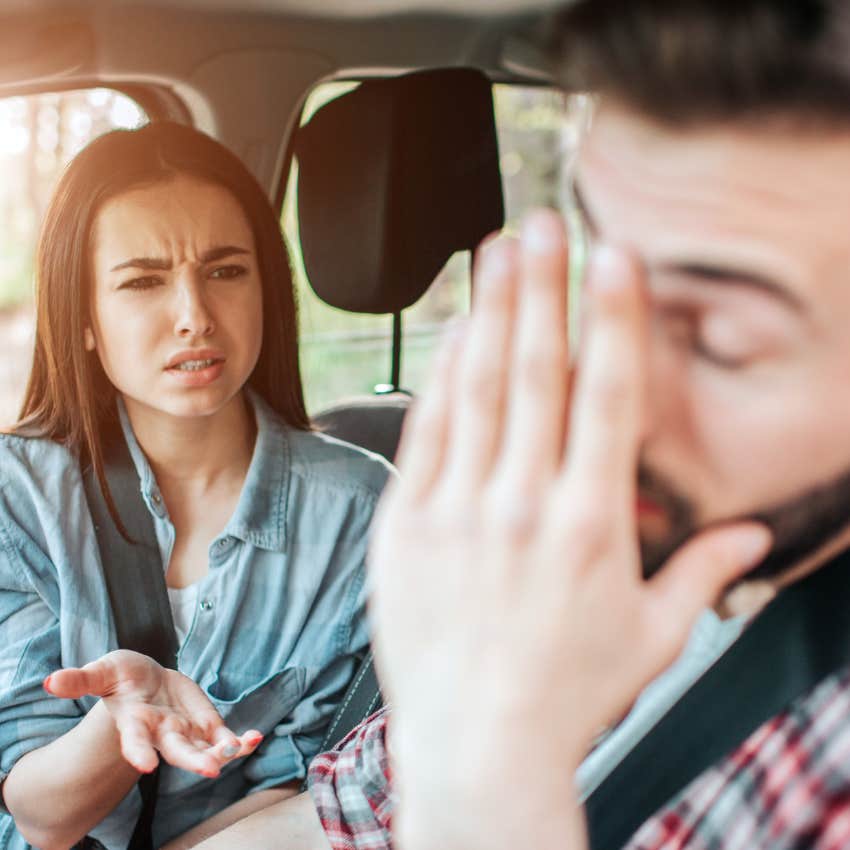 couple arguing in the car because the driver is a narcissist