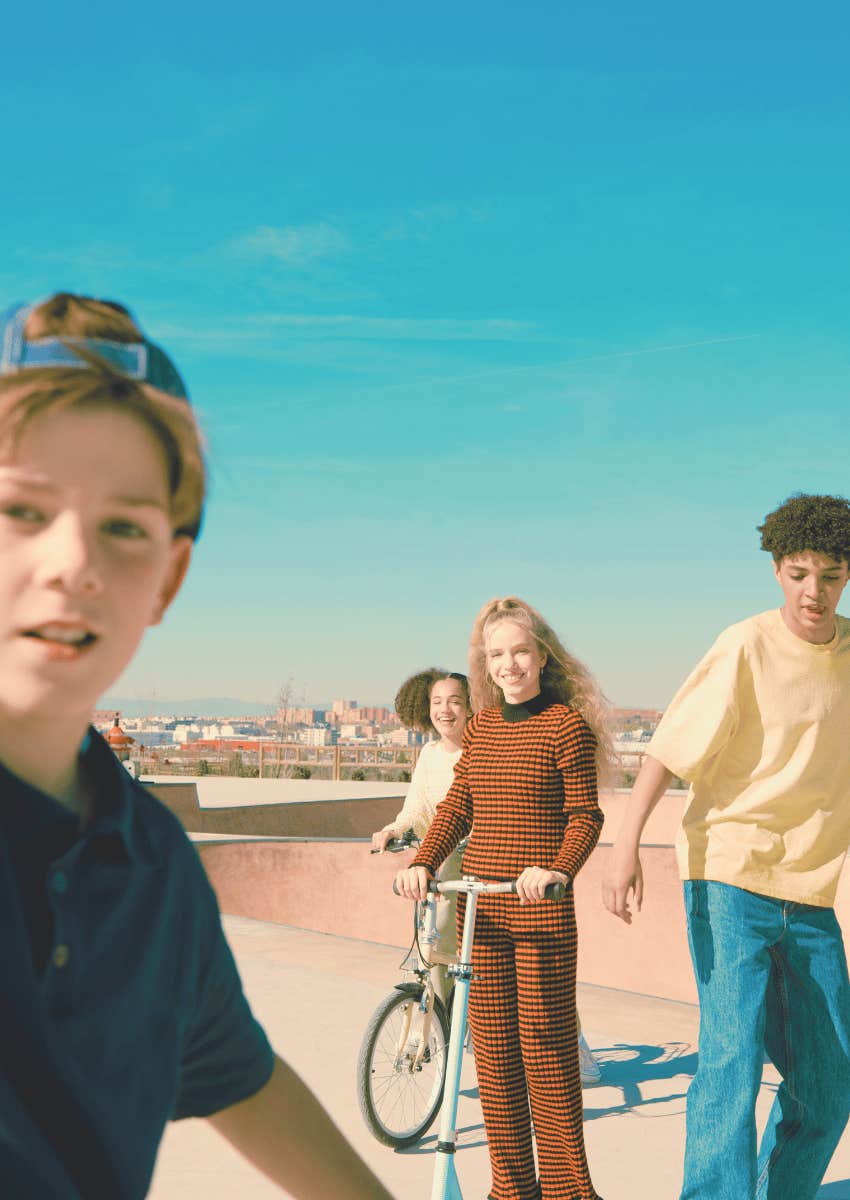 retro friend group hanging out outdoors