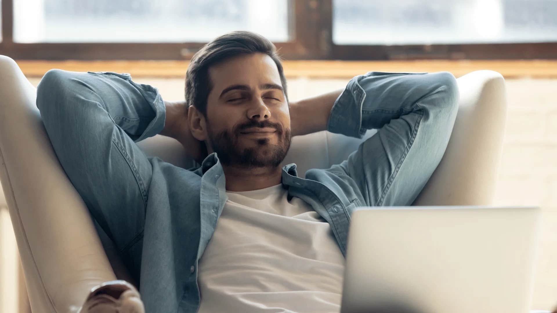 husband relaxing relieved wife is away for the night