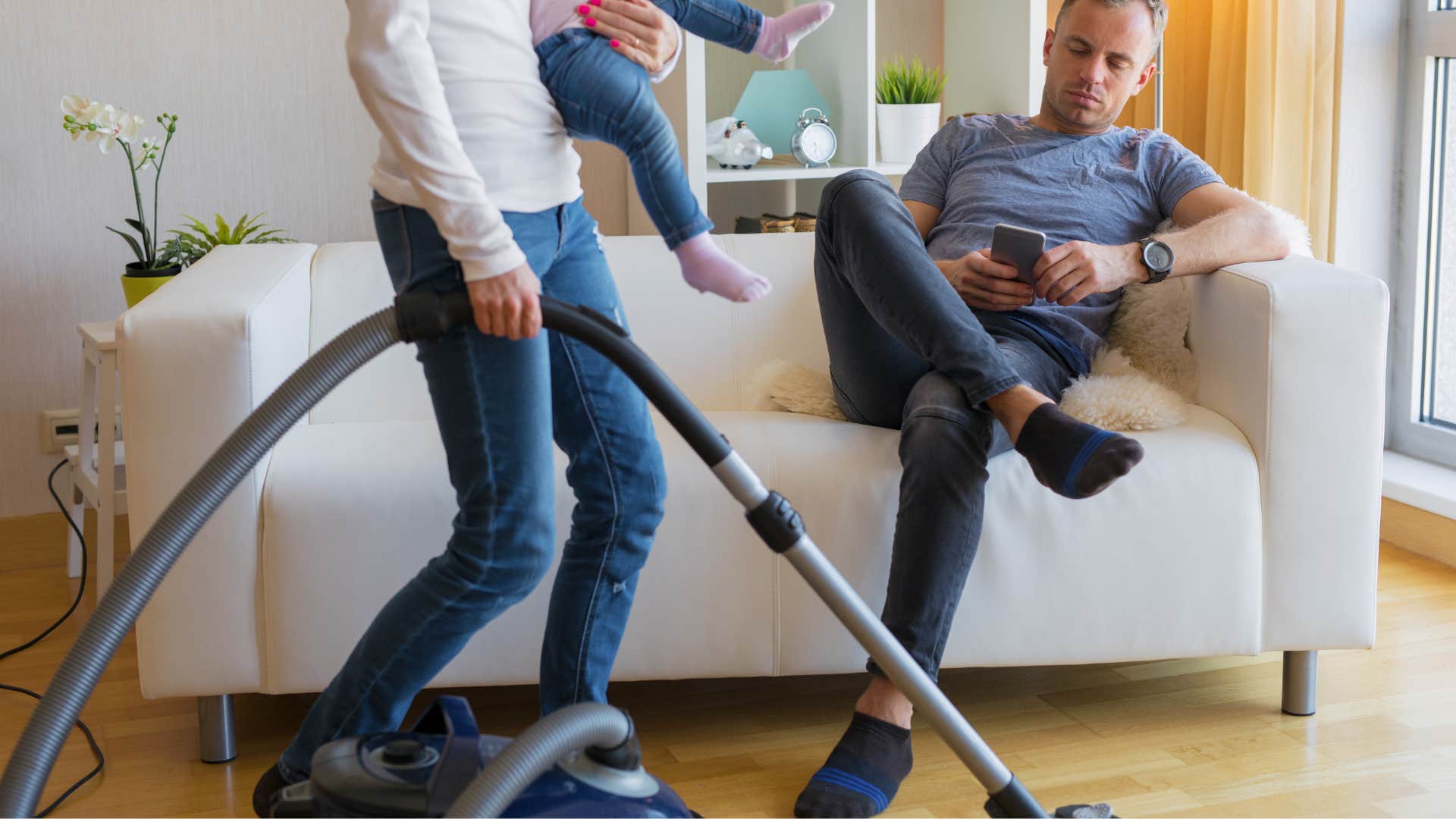 husband forcing wife to do the chores because he thinks he contributes enough