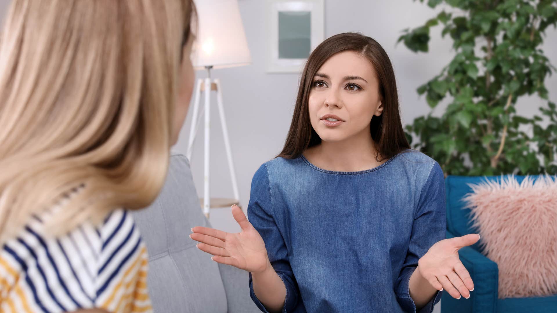 woman asking friend if she even hears herself