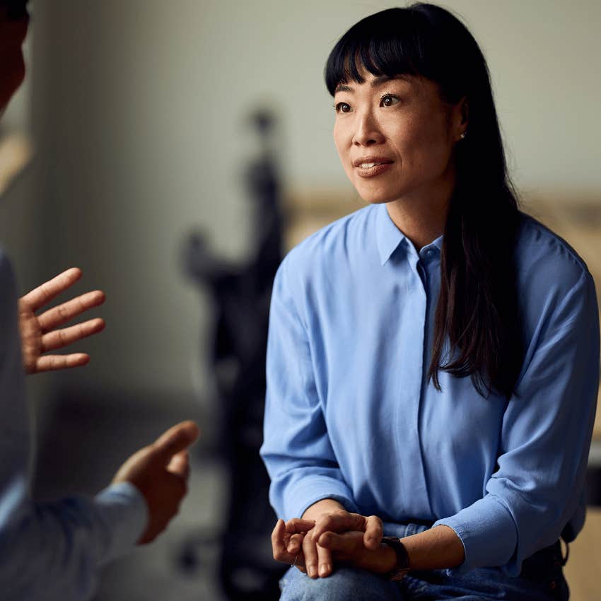 intelligent woman listening more than she speaks talking to colleague