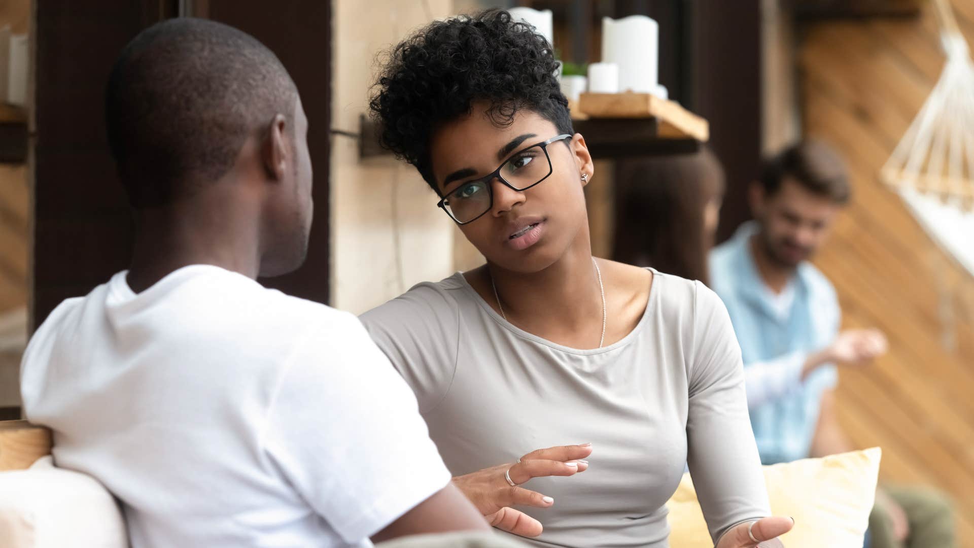 woman in conversation refusing to fake friendliness