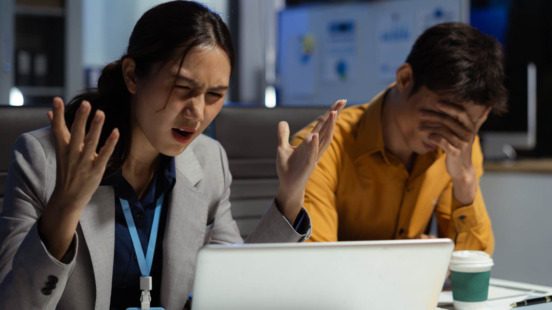 extremely frustrated and highly incompetent man dealing with mistakes at work