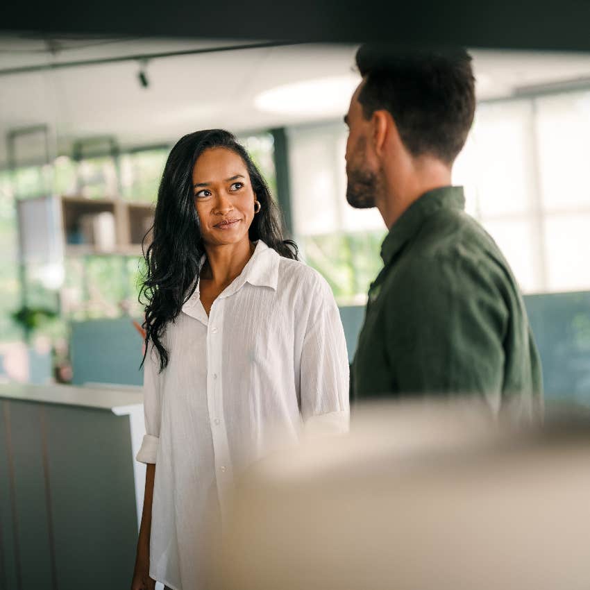 male and female co-worker talking revealing their true colors by how they treat each other