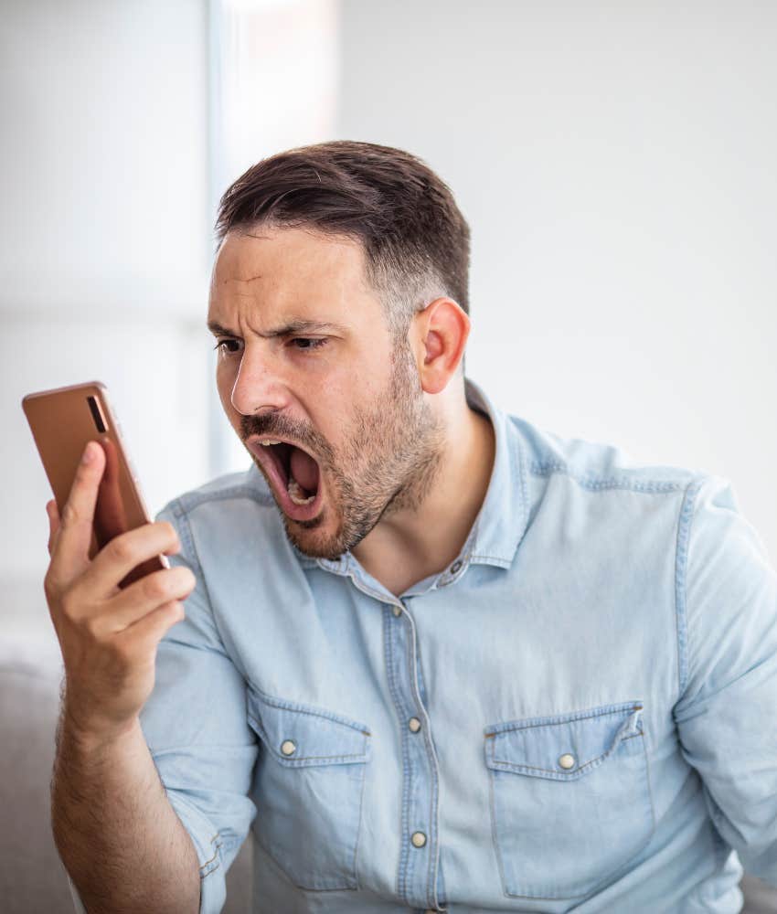 angry person yells at phone message showing toxic habit in relationship