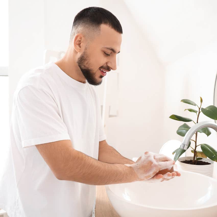 man washing his hands with soap in the sink compared to boyfriend who only washes with water shower